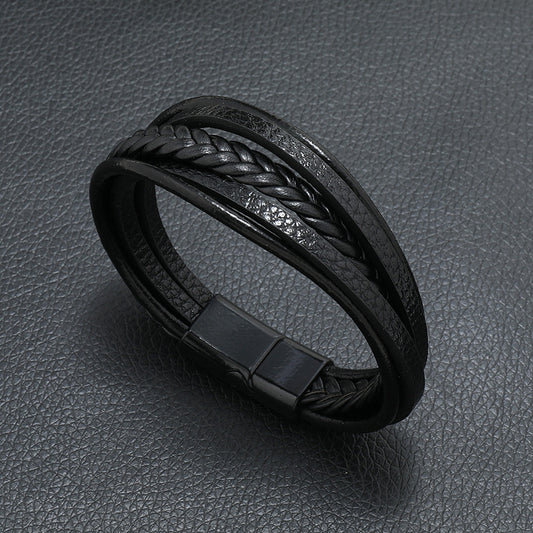 Multi Layer Leather Rope Bracelet with Magnetic Closure