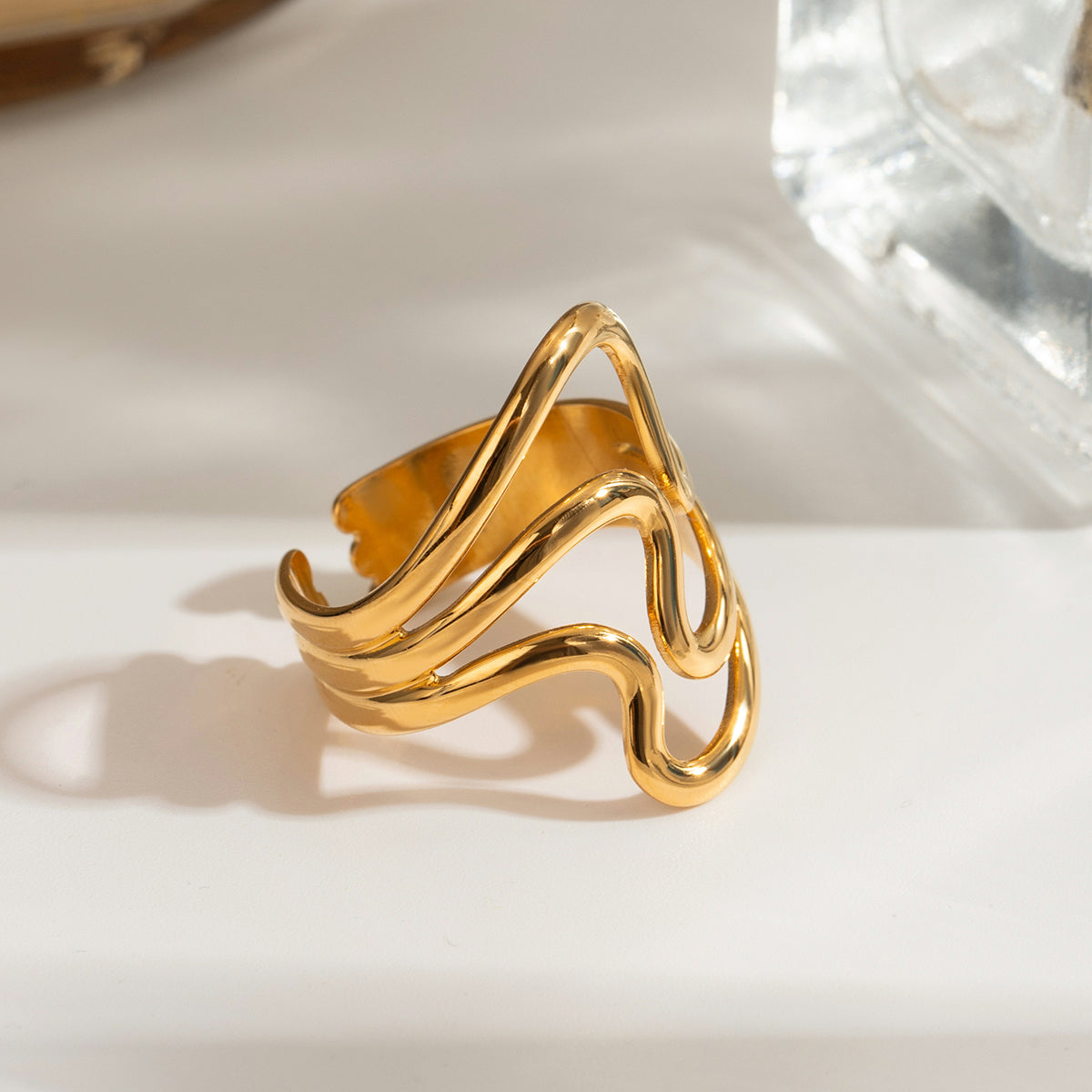 Abstract 18K Gold Plated Corrugated Open Ring