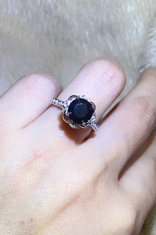 Ebony Blossom Moissanite Ring in Platinum Plated Silver