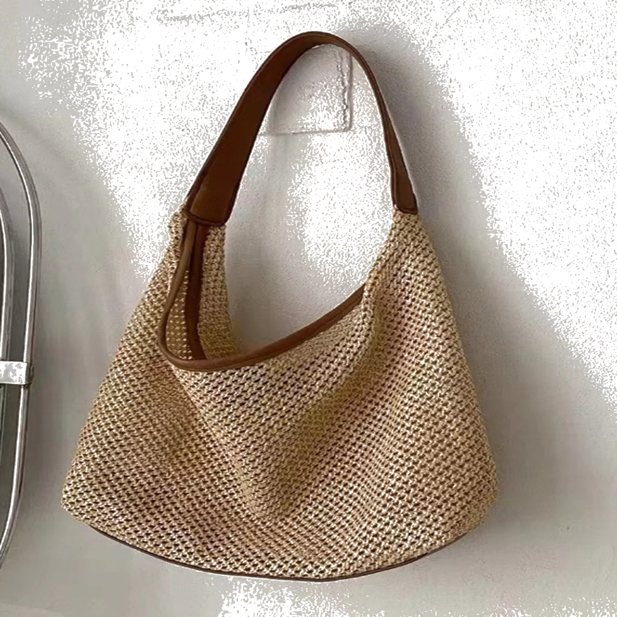 Hobo Straw Handbag with Leather Strap