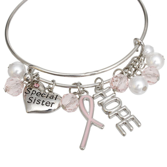 Breast Cancer Silver Wire Light Pink Charm Bangle