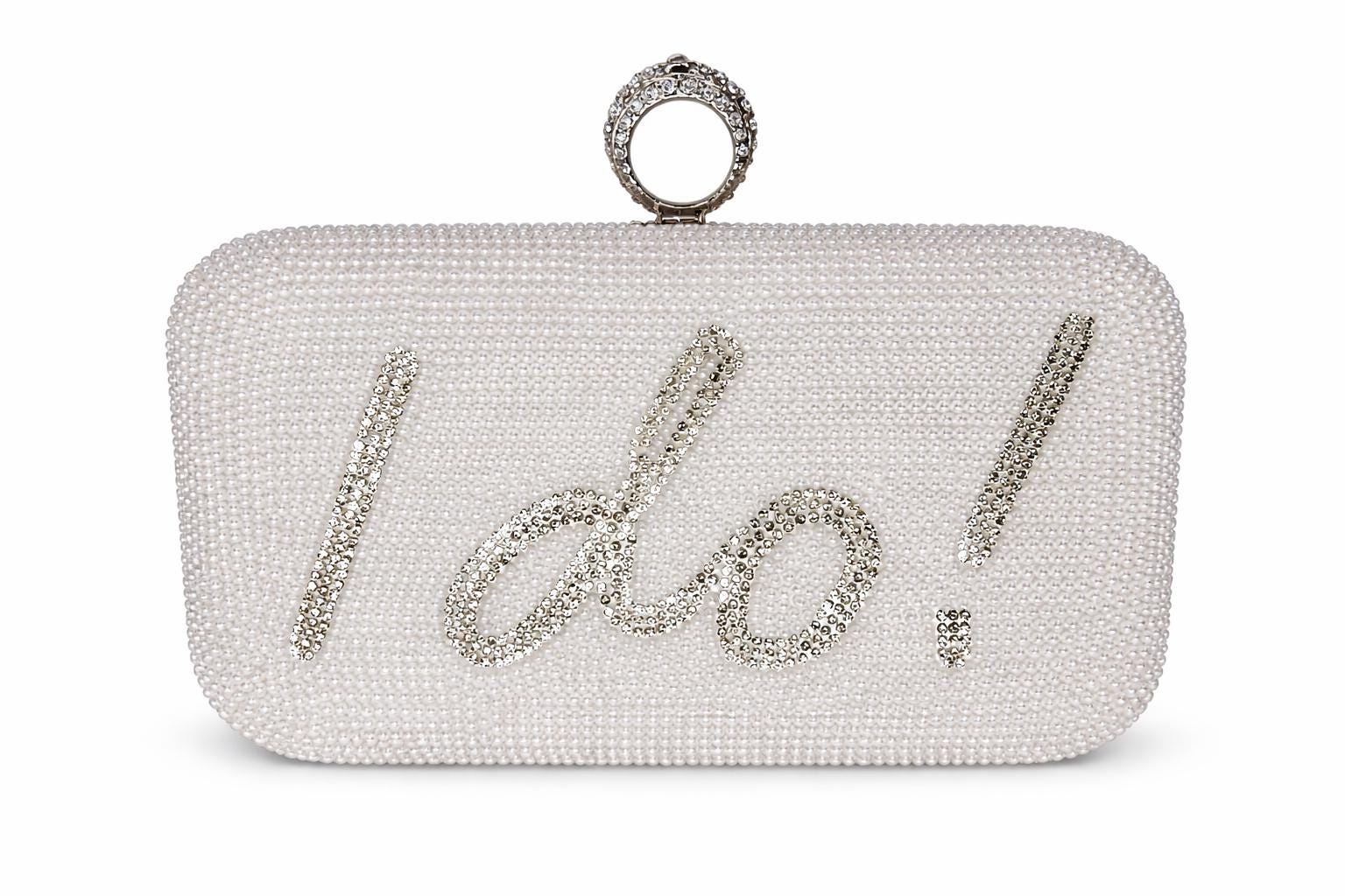 Sparkling Pearl and Rhinestone Bridal Clutch I Do Mrs or Bride