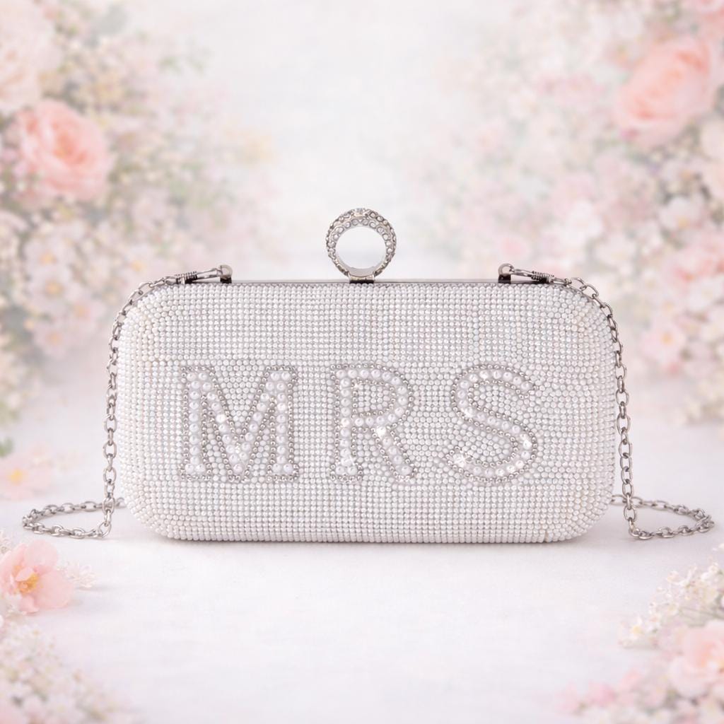 Sparkling Pearl and Rhinestone Bridal Clutch I Do Mrs or Bride