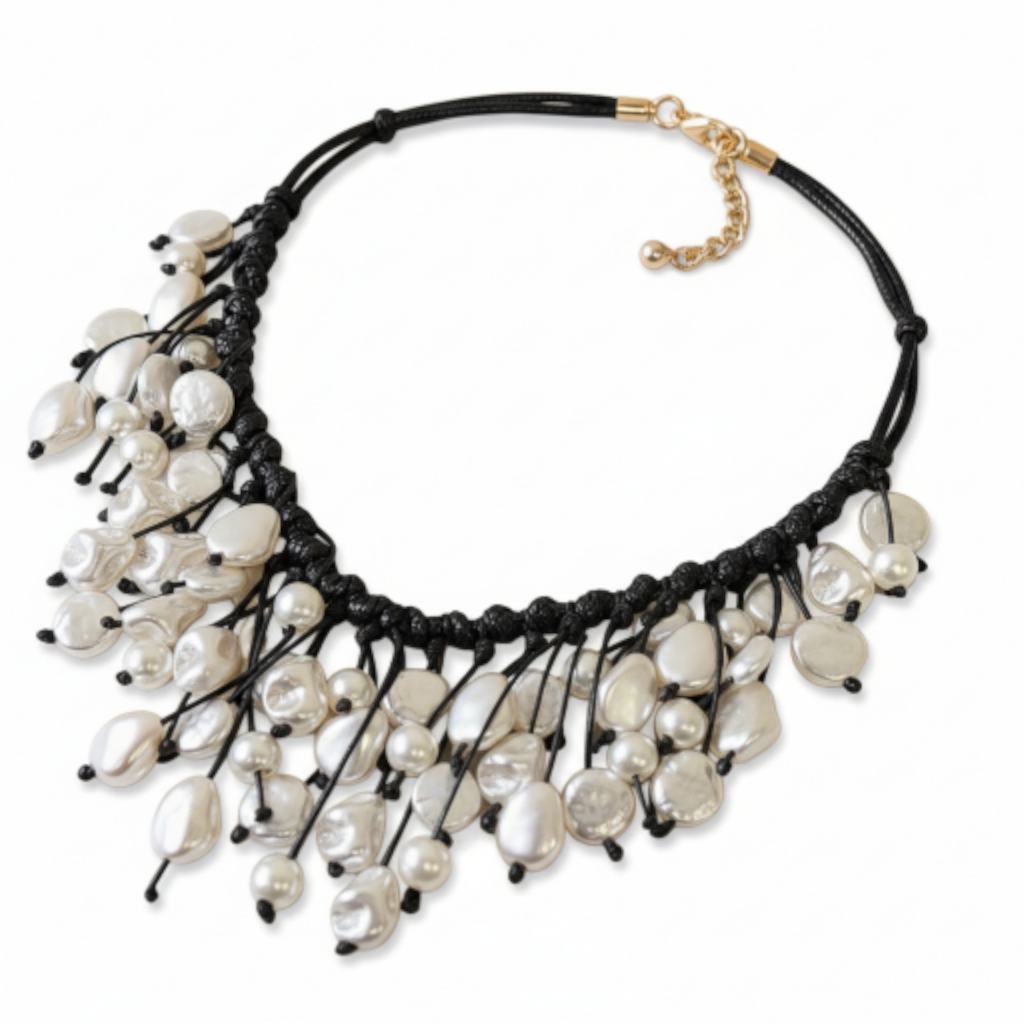 Handmade Coastal Pearl Bib Necklace with Leather Cord