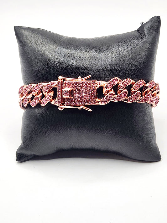 Dazzling Pink Rhinestone Butterfly Cuban Link Bracelet