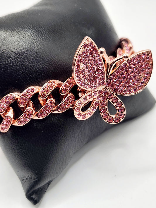 Dazzling Pink Rhinestone Butterfly Cuban Link Bracelet